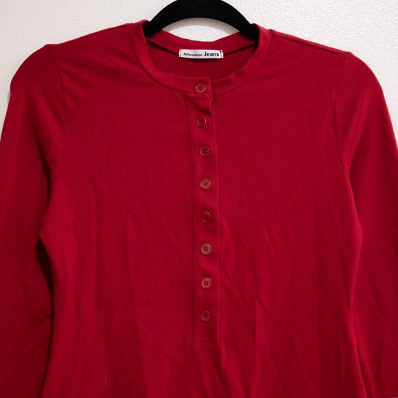 Reformation Tam Knit Dress Sangre Red Henley Mini Cotton Blend SZ M - Picture 5 of 7